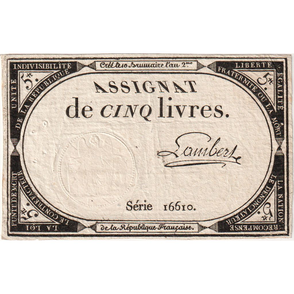 France, 5 Livres, 10 brumaire de l'an 2 - (31 octobre 1793), 16610, AU(55-58)