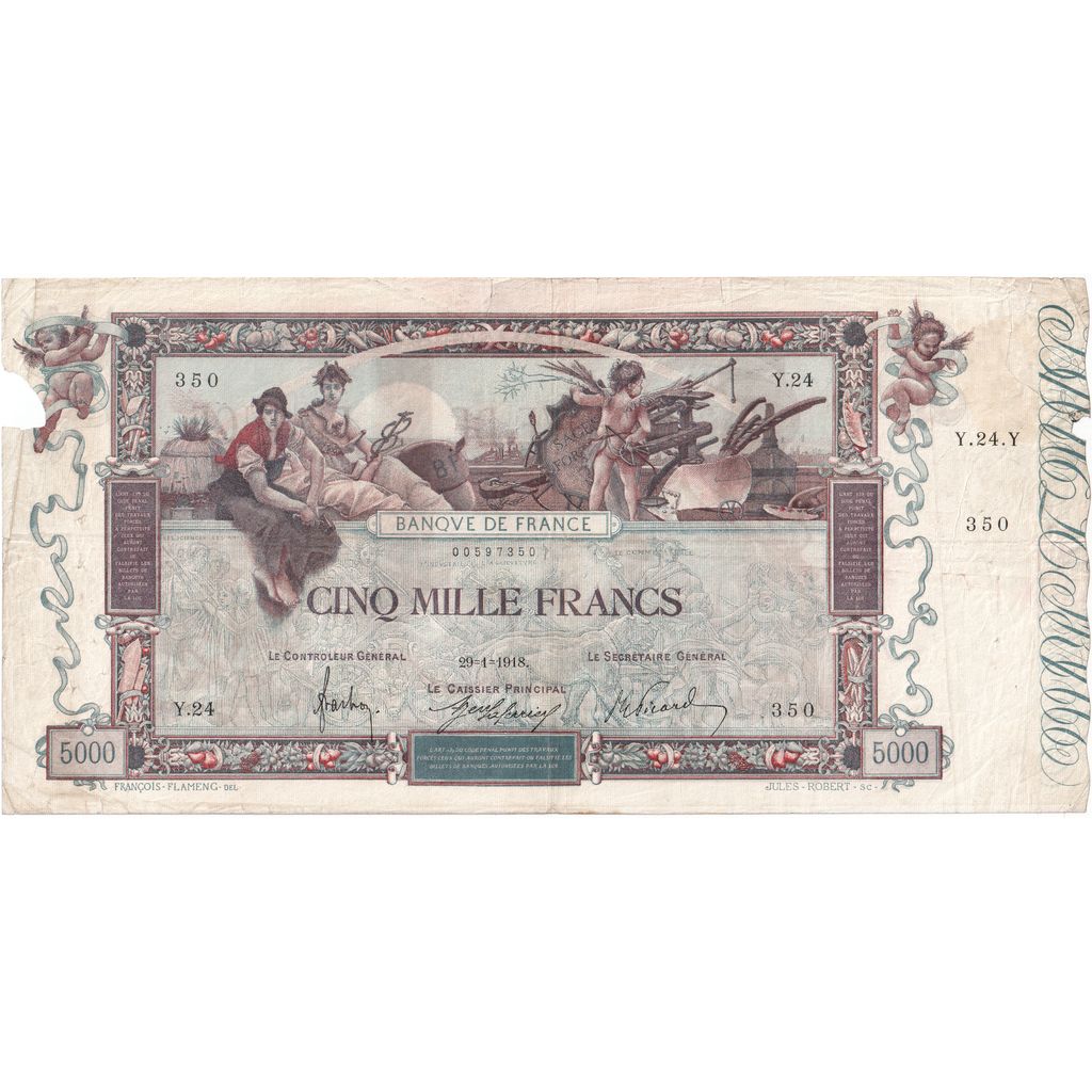 France, 5000 Francs, Flameng, 1918-01-29, Y.24, F(12-15)
