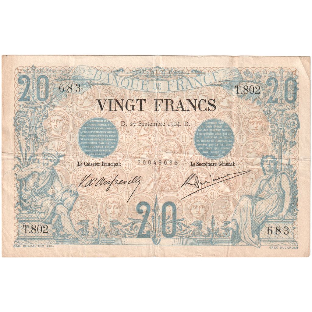 France, 20 Francs, Noir, 1904-09-27, T.802, EF