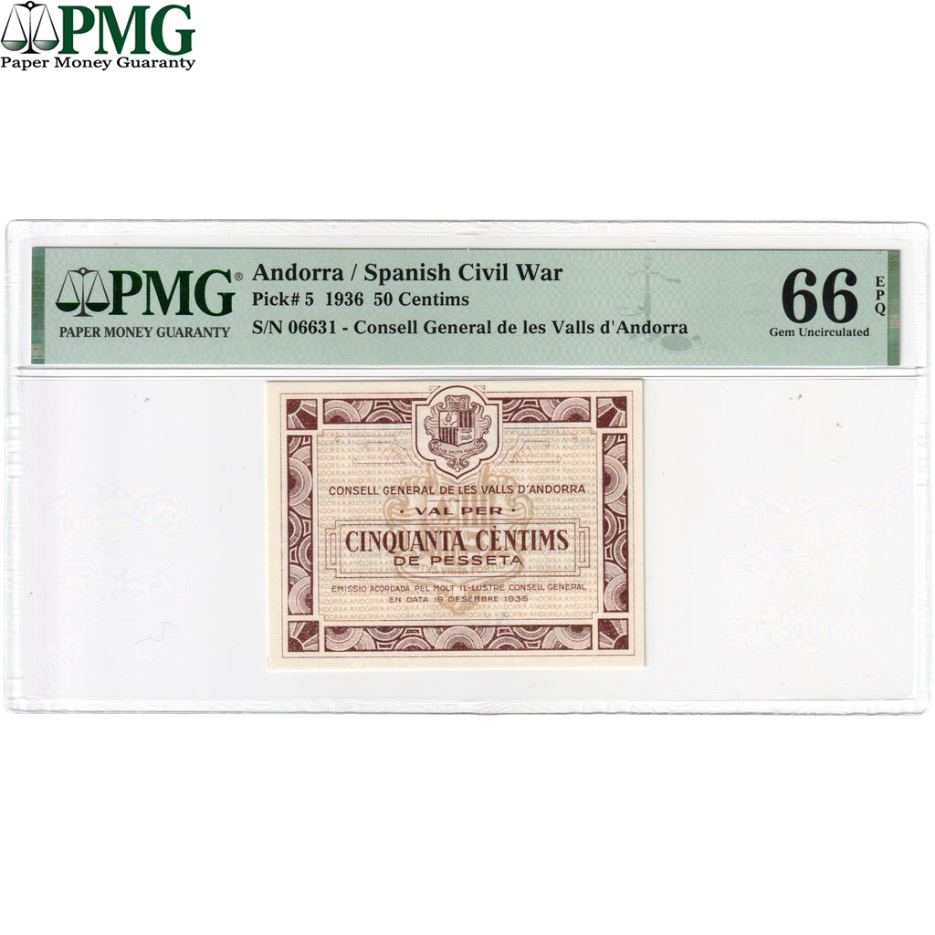 Andorra, 50 Centims, 1936-12-19, UNC 66 EPQ, PMG