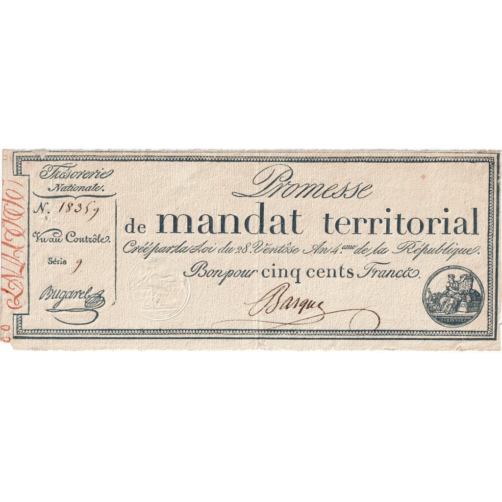 France, 500 Francs, 1796-03-18, 9, AU(50-53)