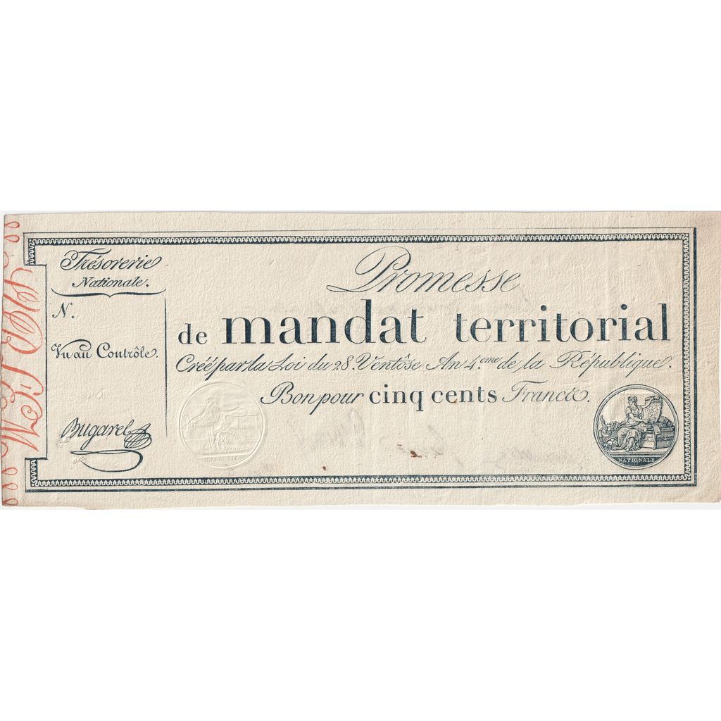 France, 500 Francs, 1796-03-18, Vérificateur, AU(55-58)