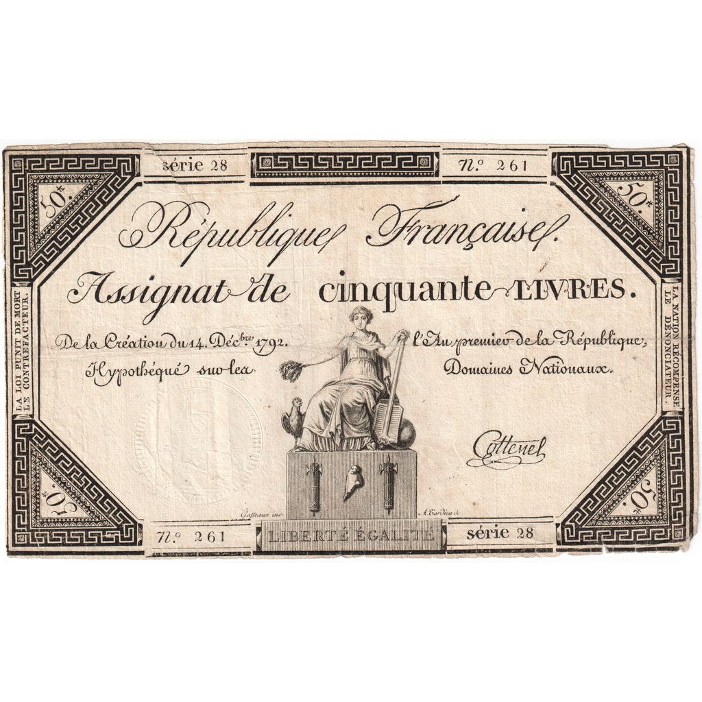 France, 50 Livres, 1792-12-14, 28, VF(30-35)