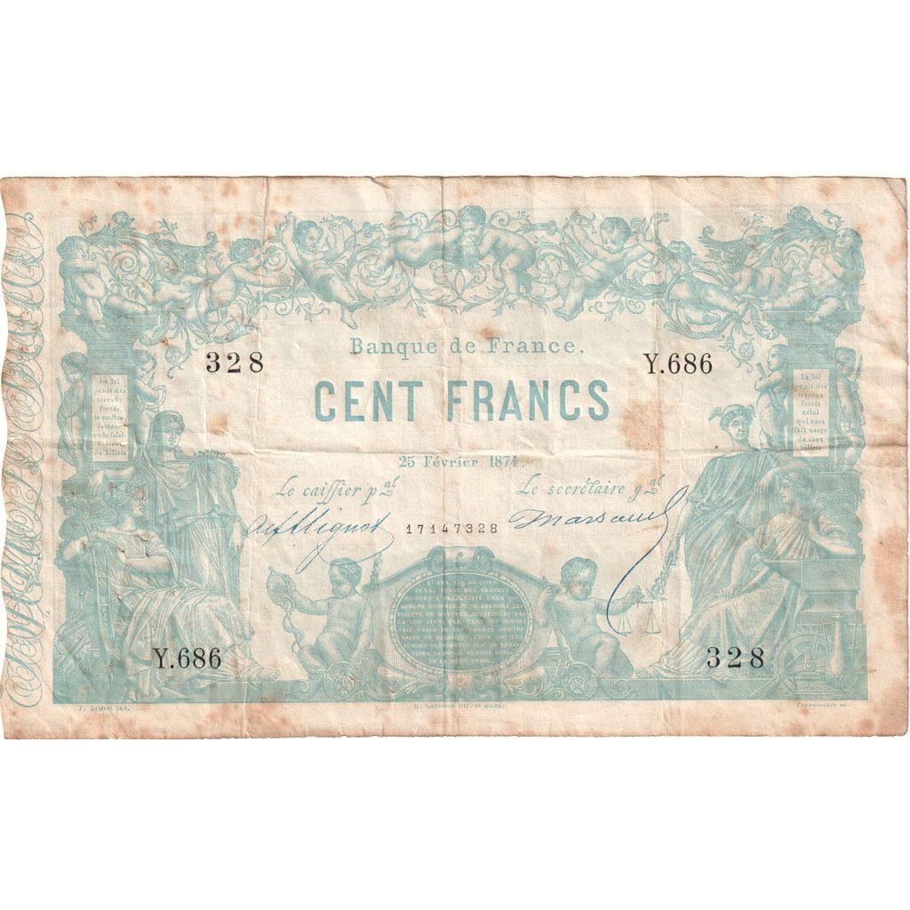 France, 100 Francs, Bleu, 1874-02-25, Y.686, VF(20-25)
