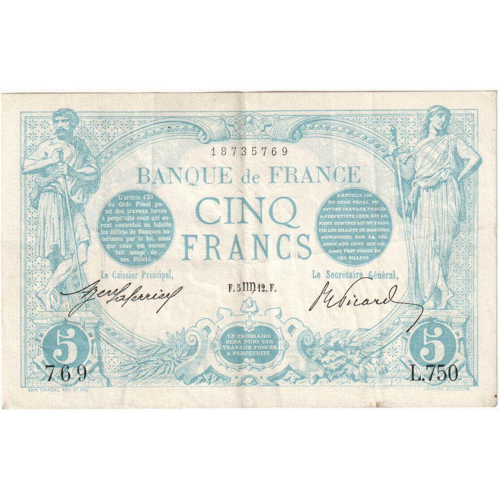 France, 5 Francs, Bleu, 1912-08-05, L.750, EF(40-45)