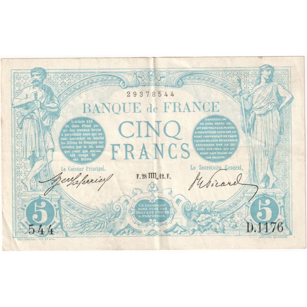 France, 5 Francs, Bleu, 1912-10-28, D.1176, EF(40-45)