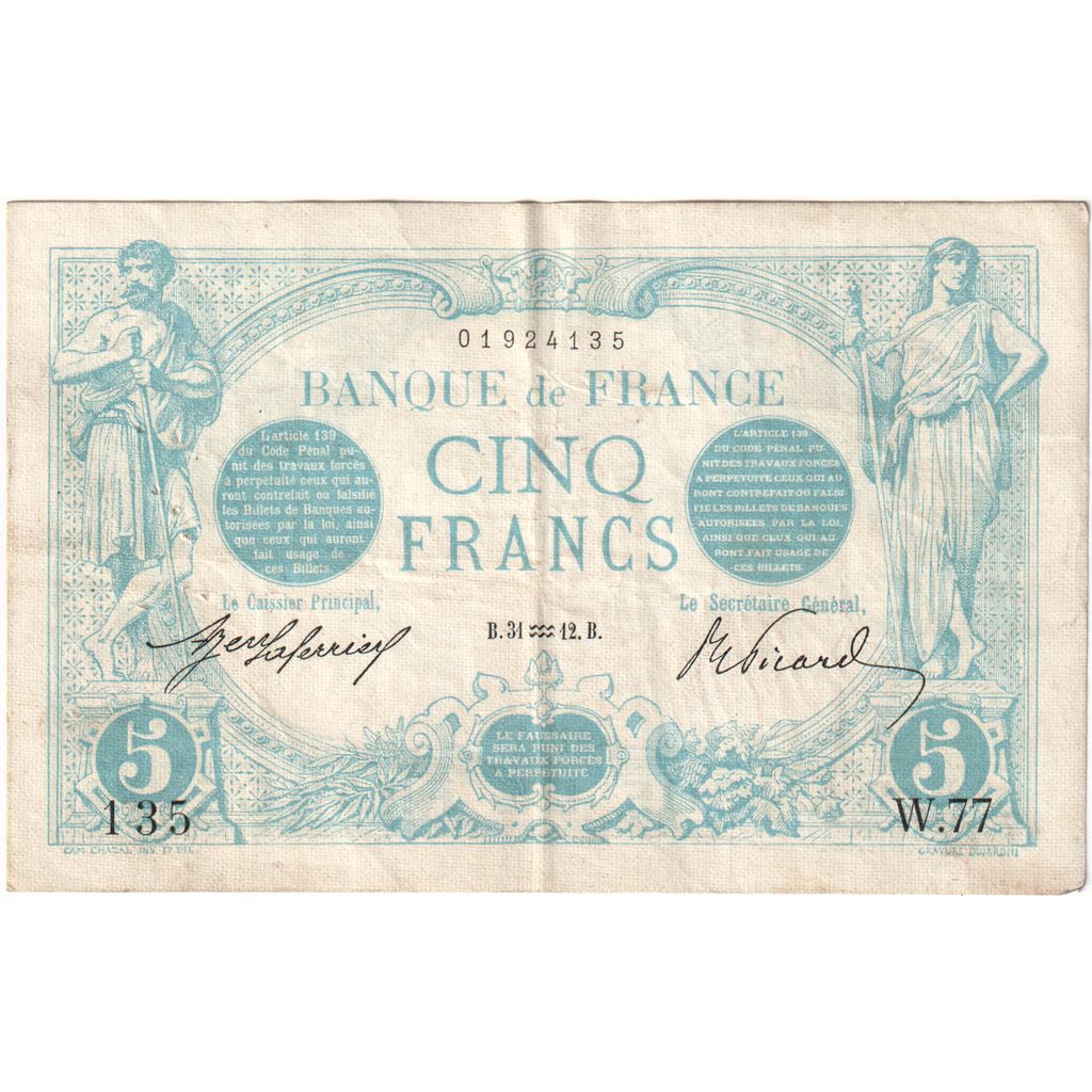 France, 5 Francs, Bleu, 1912-01-31, W.77, EF(40-45)