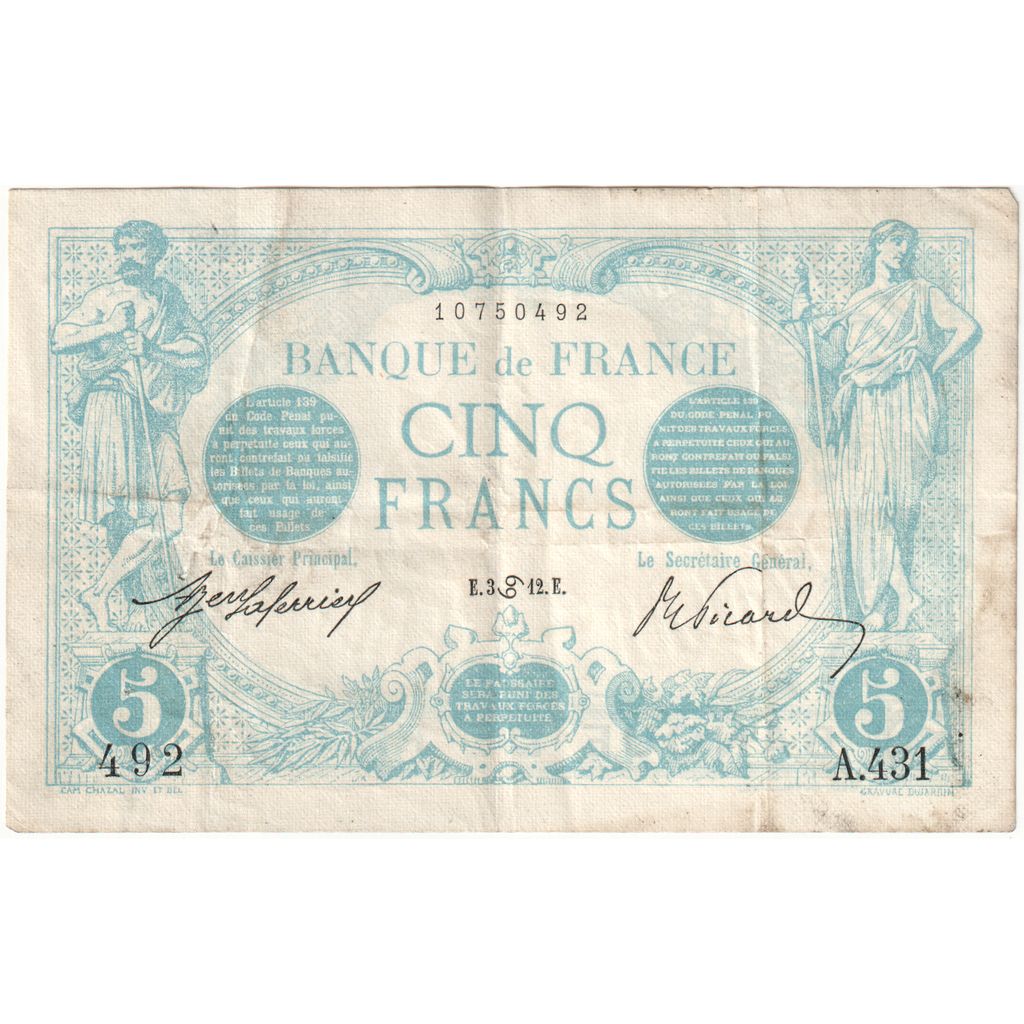 France, 5 Francs, Bleu, 1912-06-03, A.431, VF(30-35)