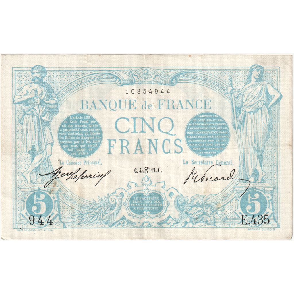 France, 5 Francs, Bleu, 1912-06-04, E.435, EF(40-45)