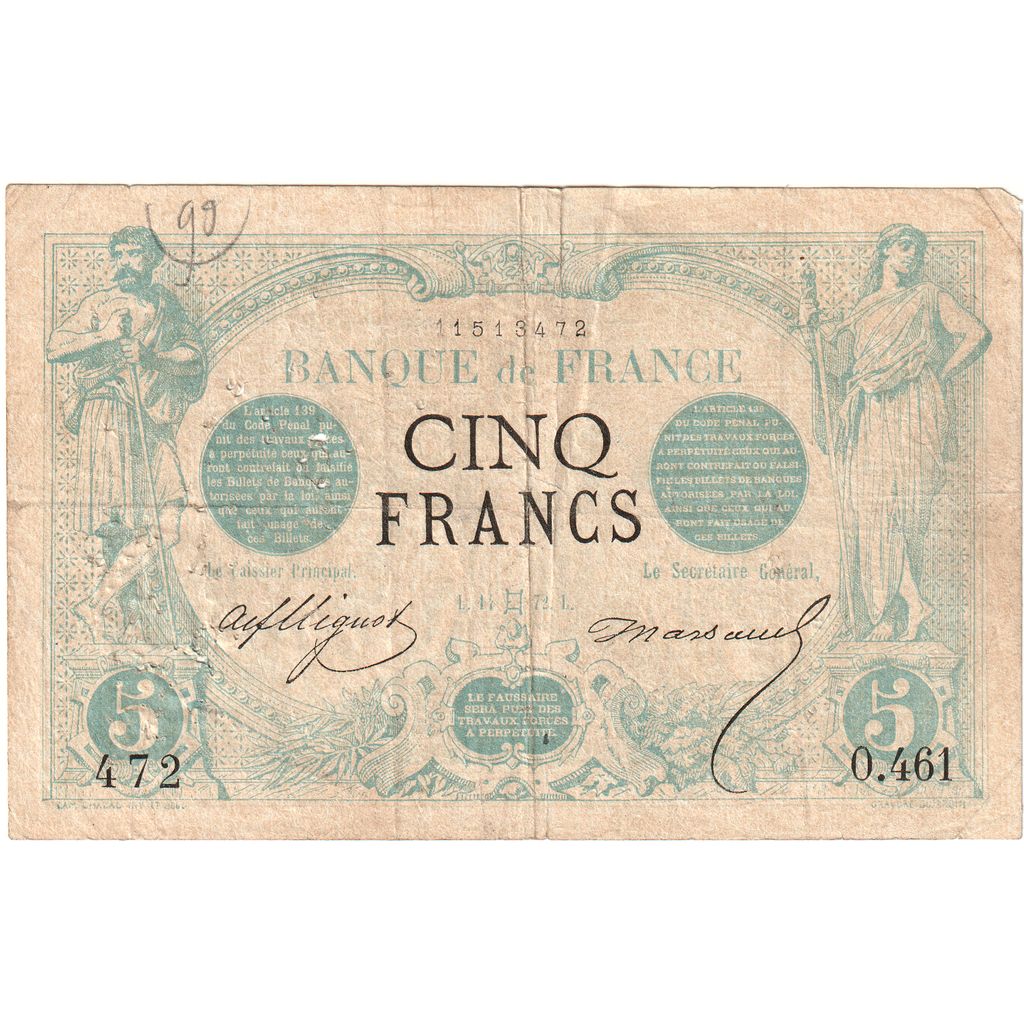 France, 5 Francs, Noir, 1872-05-14, O.461, VF(20-25)