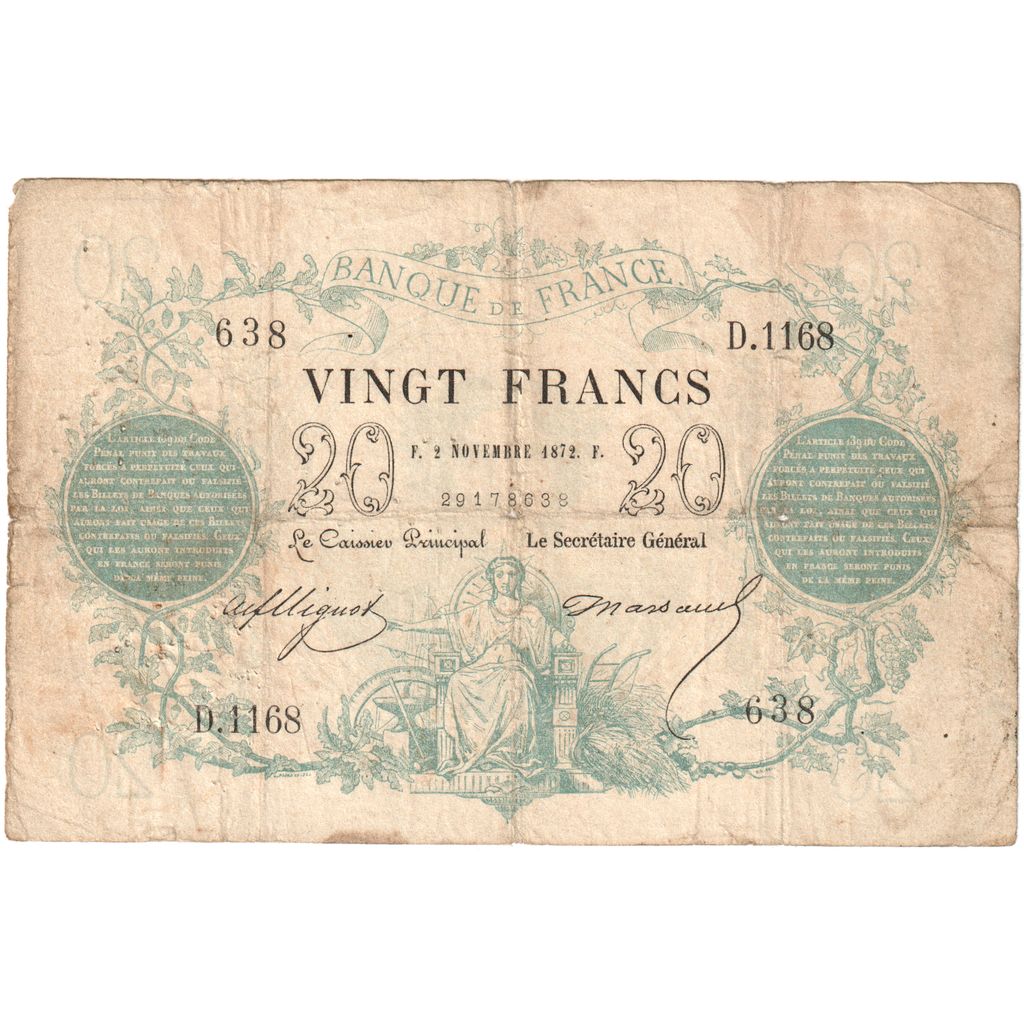France, 20 Francs, Bleu, 1872-11-02, D.1168, VF(20-25)