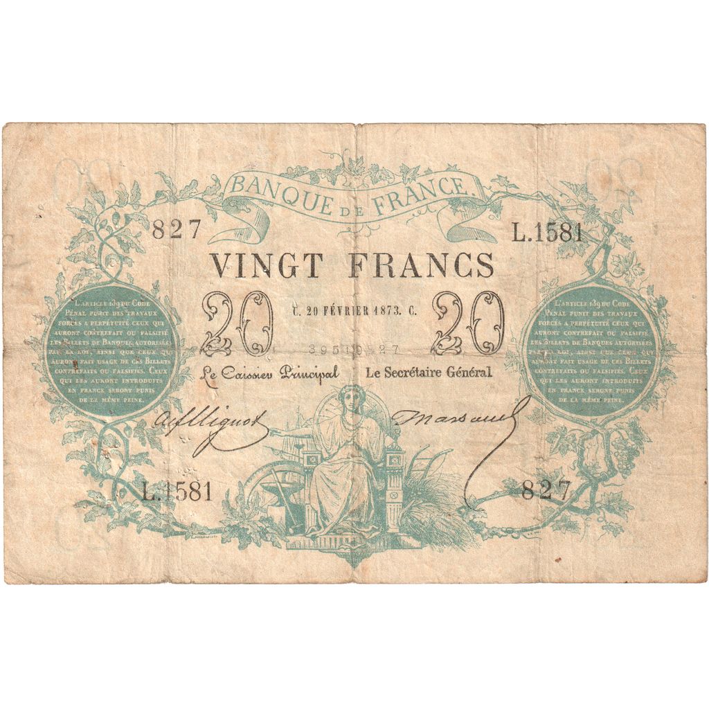 France, 20 Francs, Bleu, 1873-02-20, L.1581, VF(20-25)