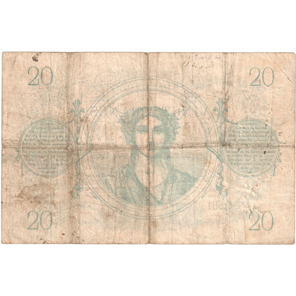 France, 20 Francs, Bleu, 1873-02-20, L.1581, VF(20-25)