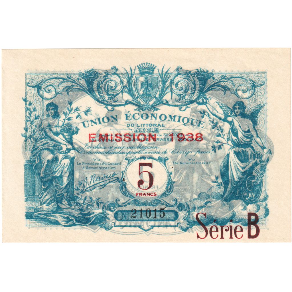 France, 5 Francs, 1938, B, Union Économique du Littoral, Nice, UNC(63)