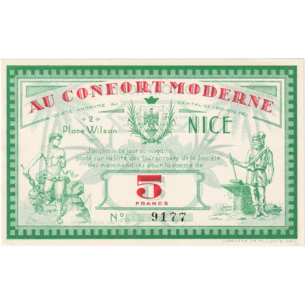 France, 5 Francs, ND(1930-1940), Au Confort moderne, Nice, AU(55-58)