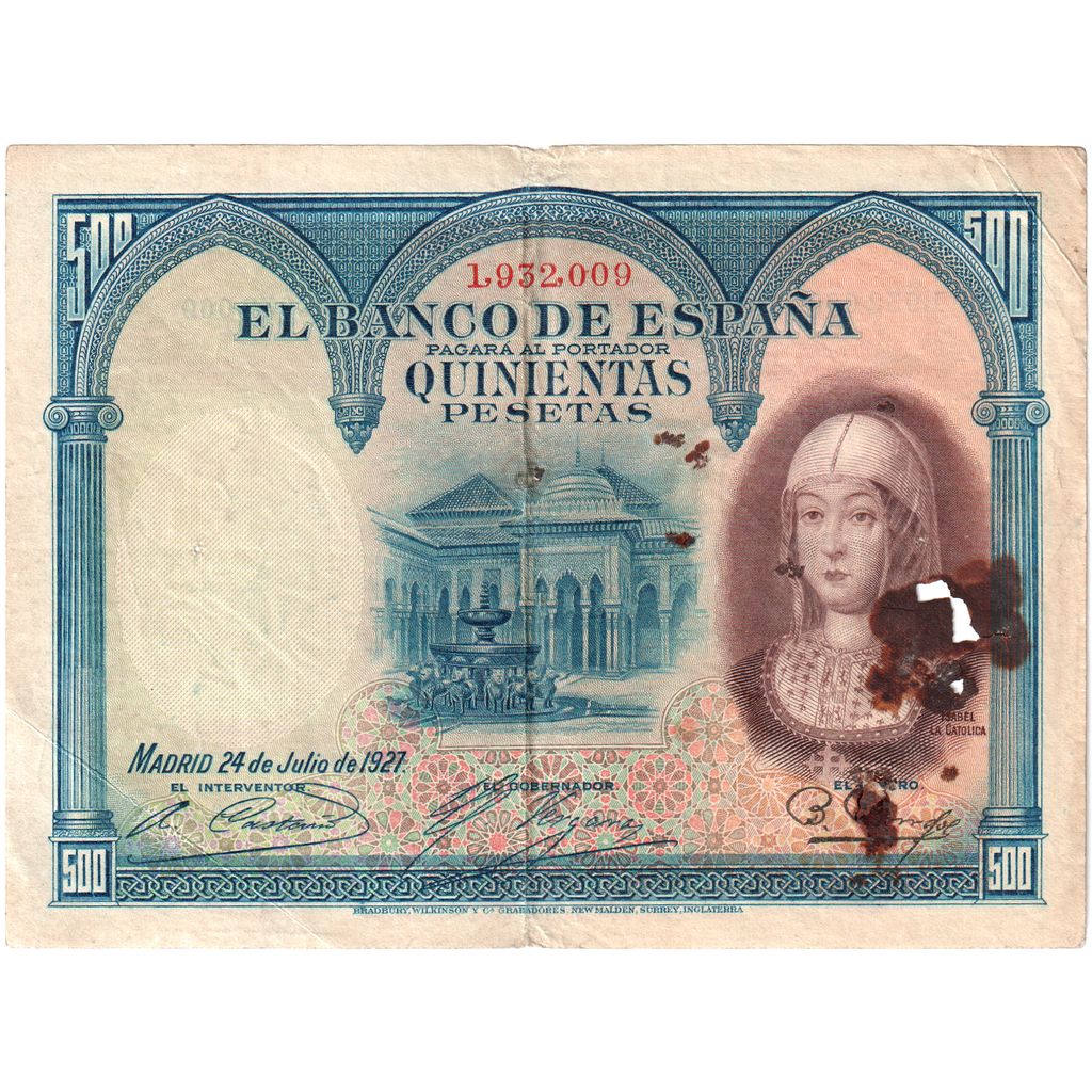 Spain, 500 Pesetas, 1927-07-24, VF(20-25)