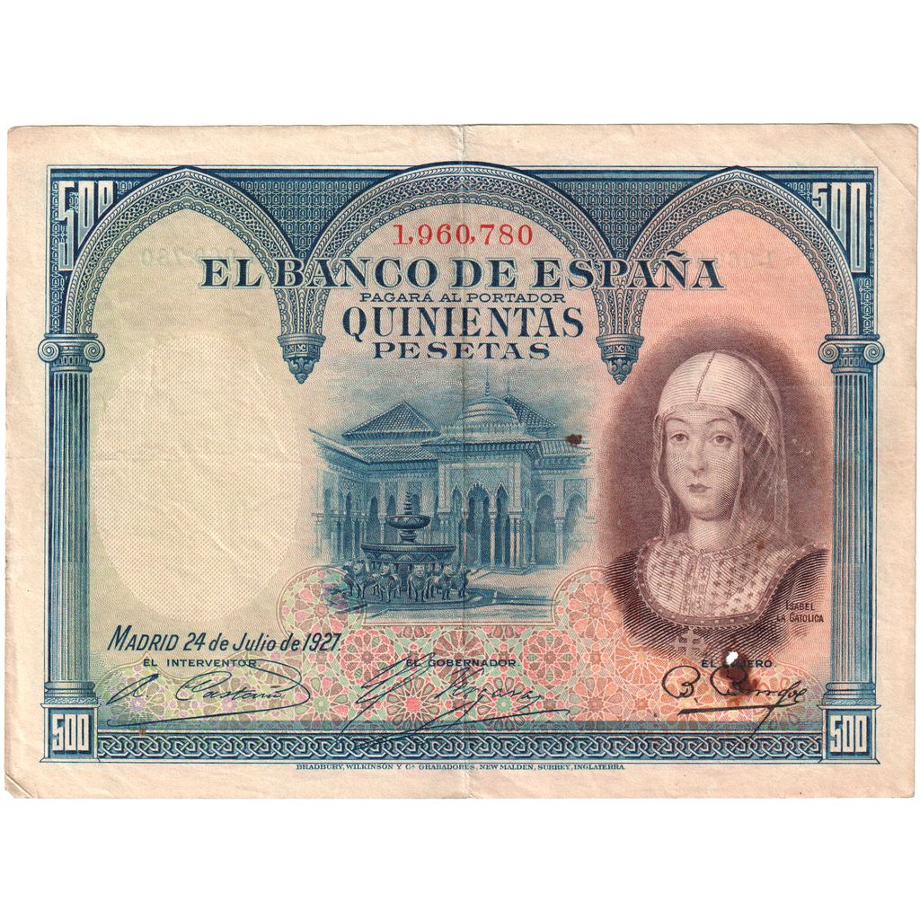 Spain, 500 Pesetas, 1927-07-24, VF(30-35)