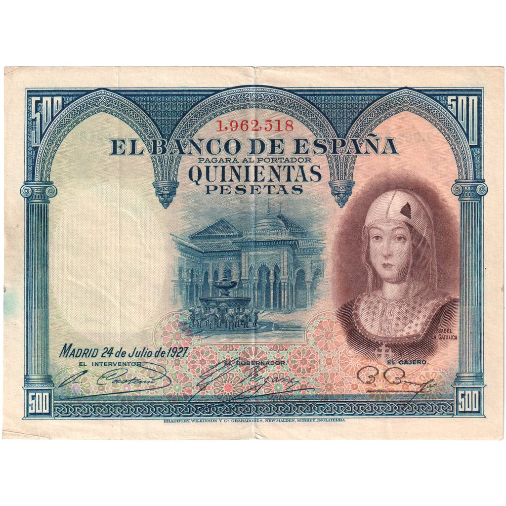 Spain, 500 Pesetas, 1927-07-24, EF(40-45)