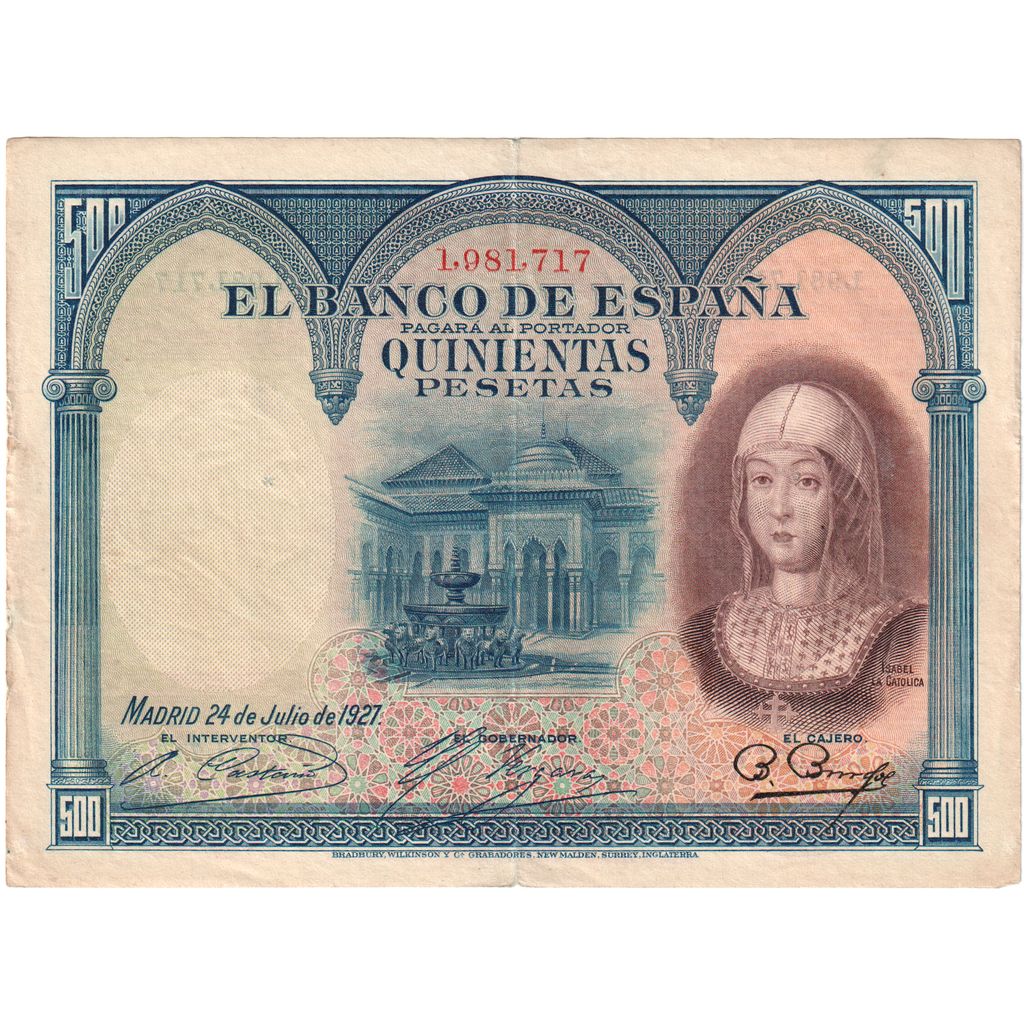 Spain, 500 Pesetas, 1927-07-24, AU(50-53)