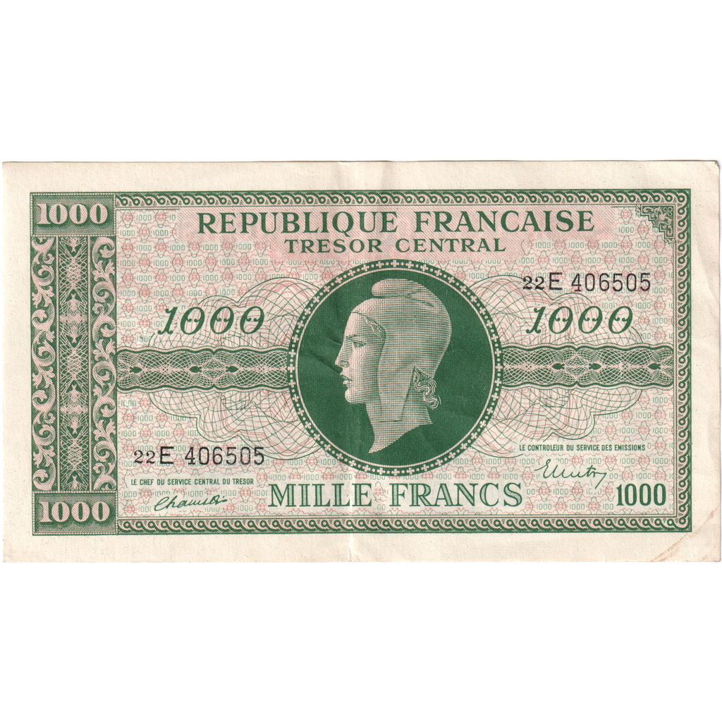 France, 1000 Francs, Marianne, Undated (1945), 22E, AU(50-53)