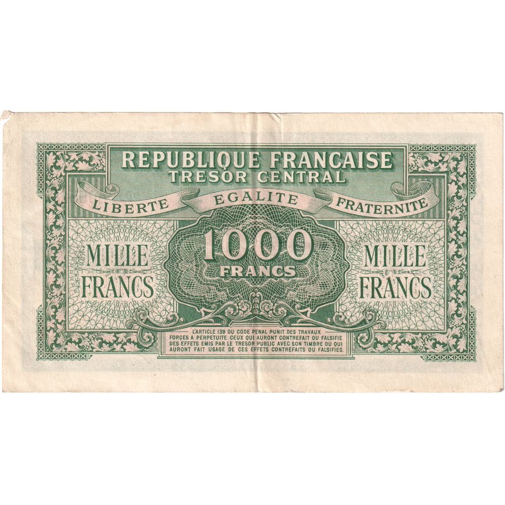 France, 1000 Francs, Marianne, Undated (1945), 22E, EF(40-45)