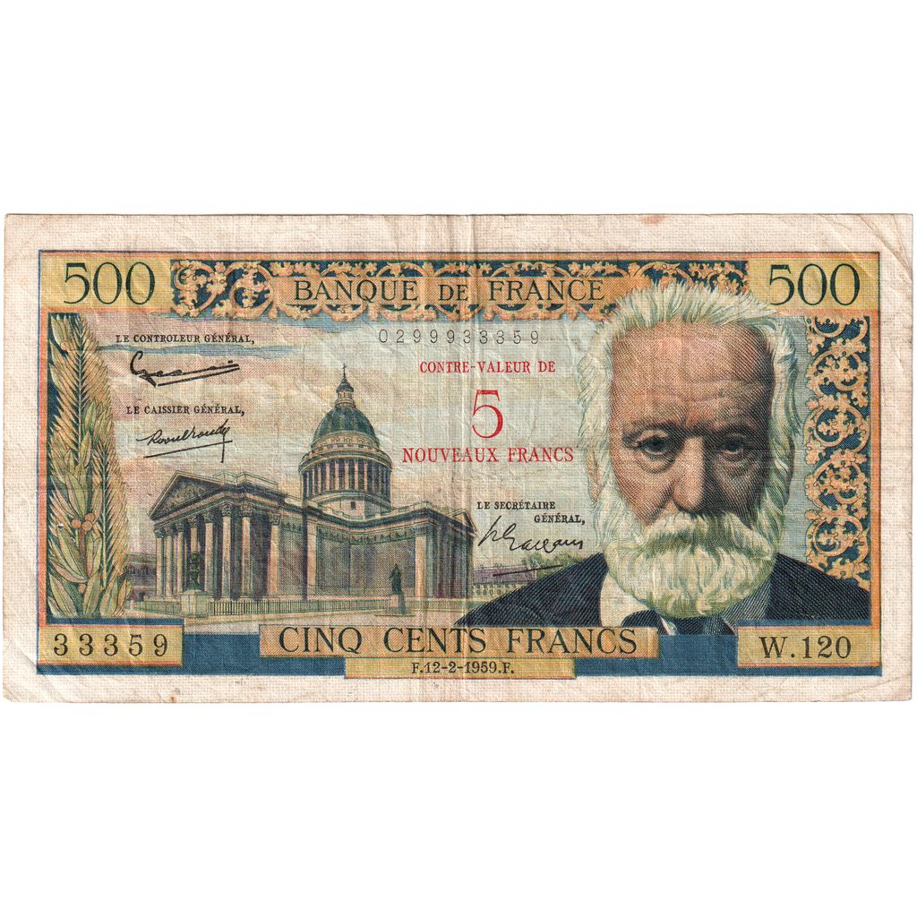 France, 5 Nouveaux Francs on 500 Francs, Victor Hugo, 1959-02-12, W.120