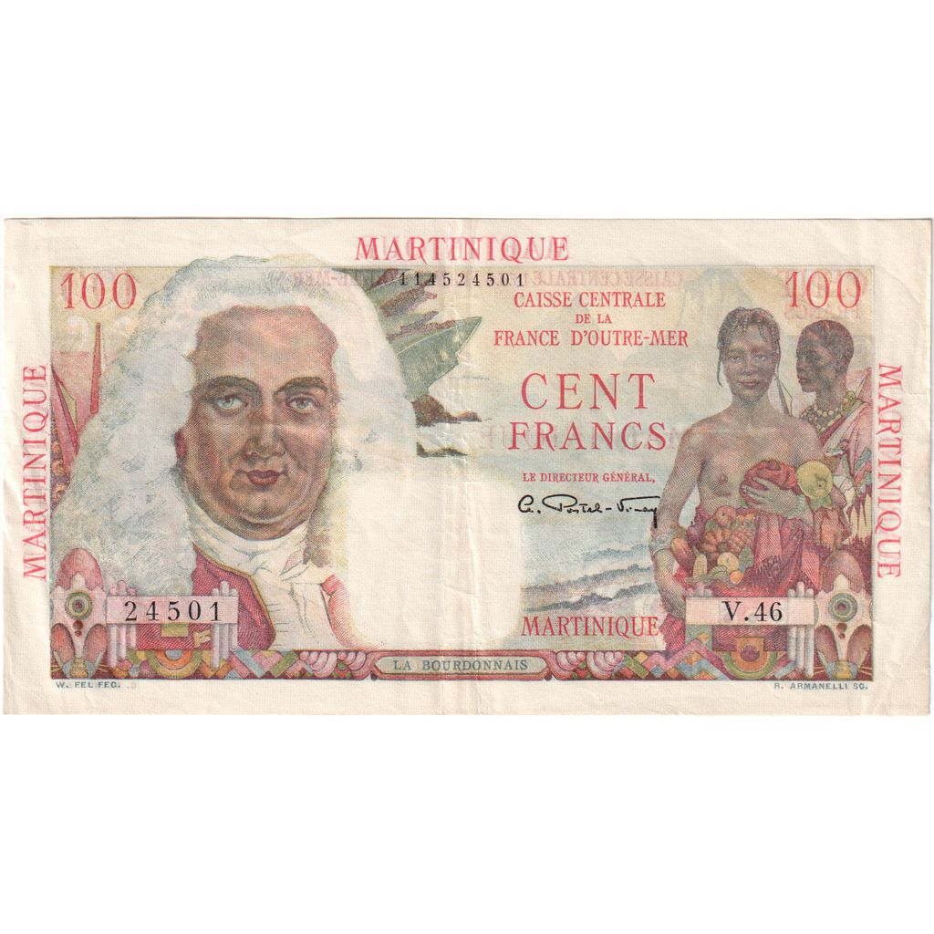 Martinique, 100 Francs, La Bourdonnais, Undated (1947-49), V.46, EF(40-45)