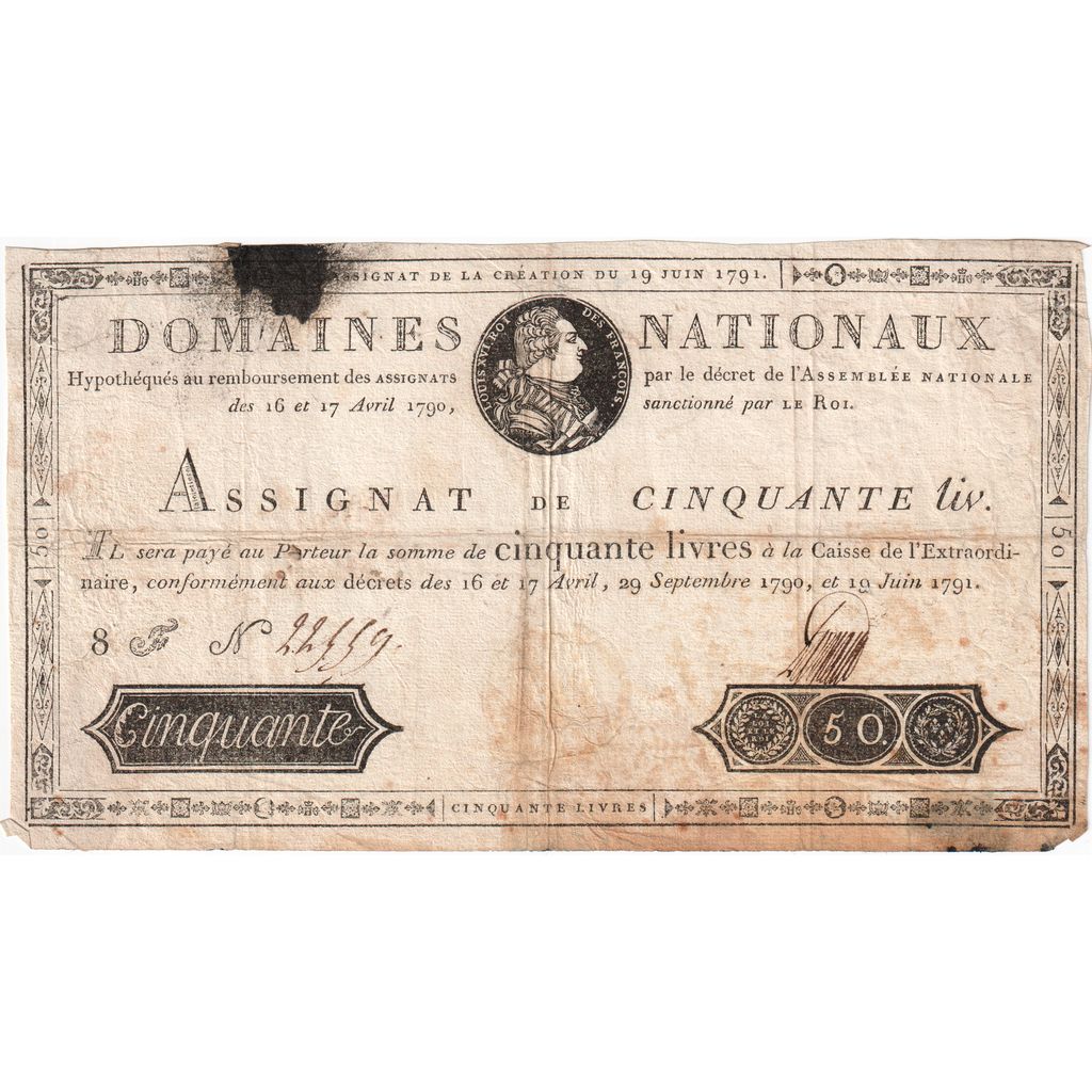 France, 50 Livres, 1791-06-19, 8F, VF(20-25)
