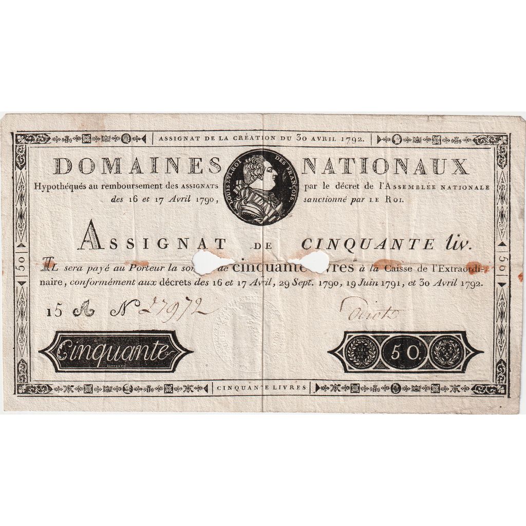 France, 50 Livres, 1792-04-30, 15A, VF(20-25)