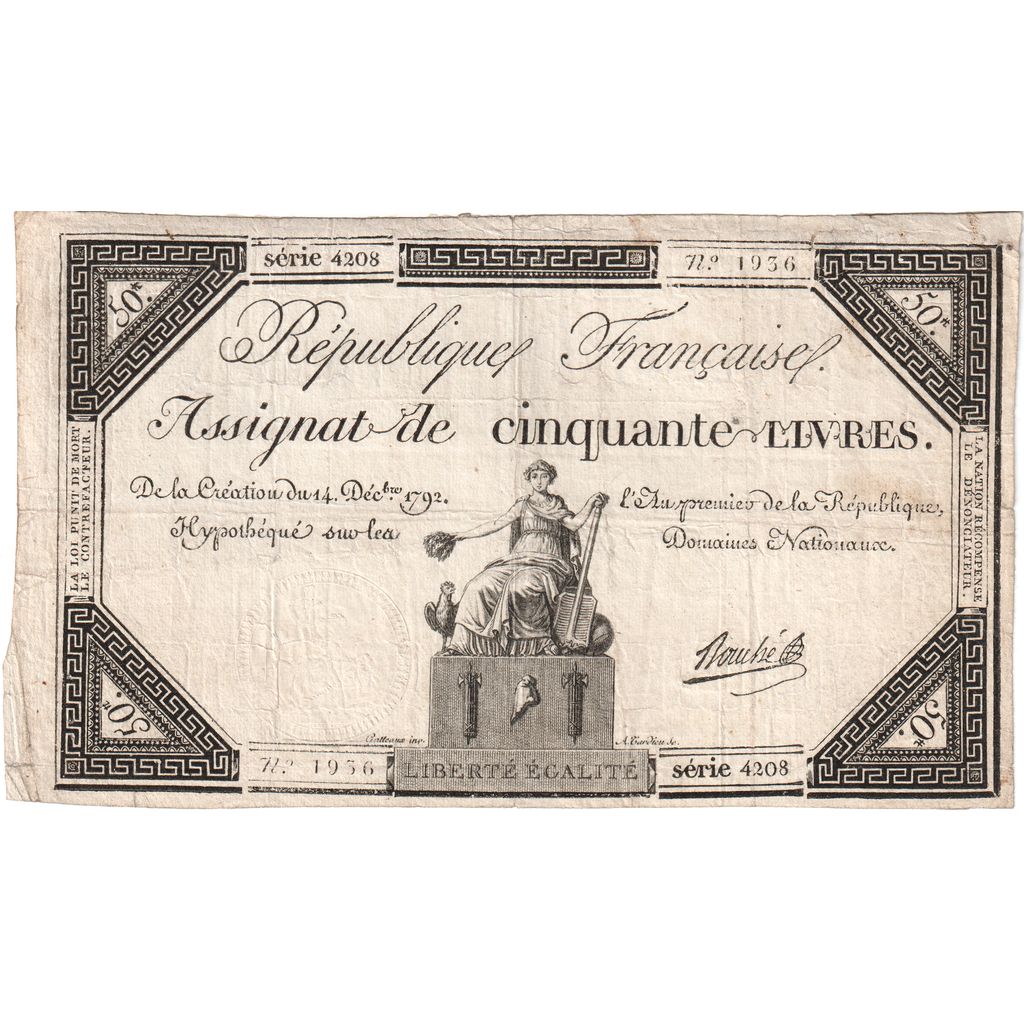 France, 50 Livres, 1792-12-14, 4208, EF(40-45)