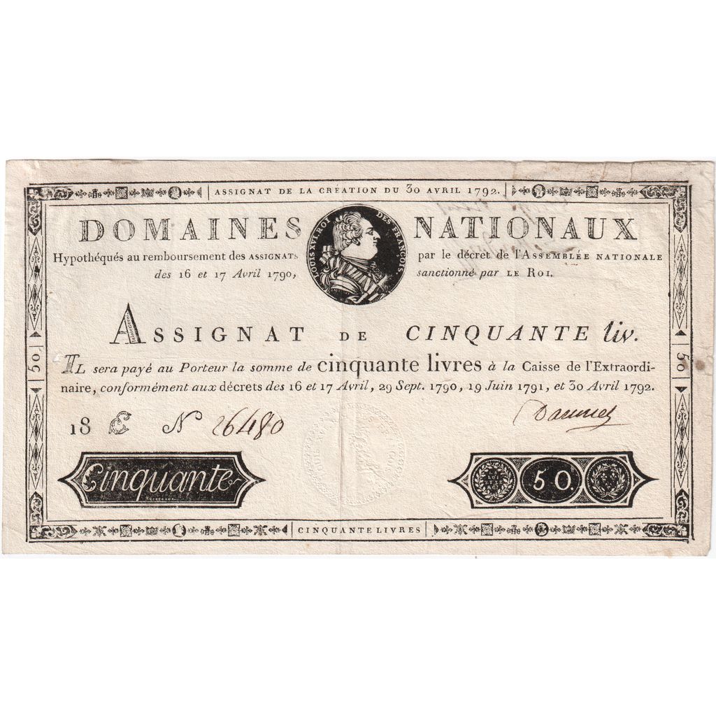 France, 50 Livres, 1792-04-30, 18E, EF(40-45)