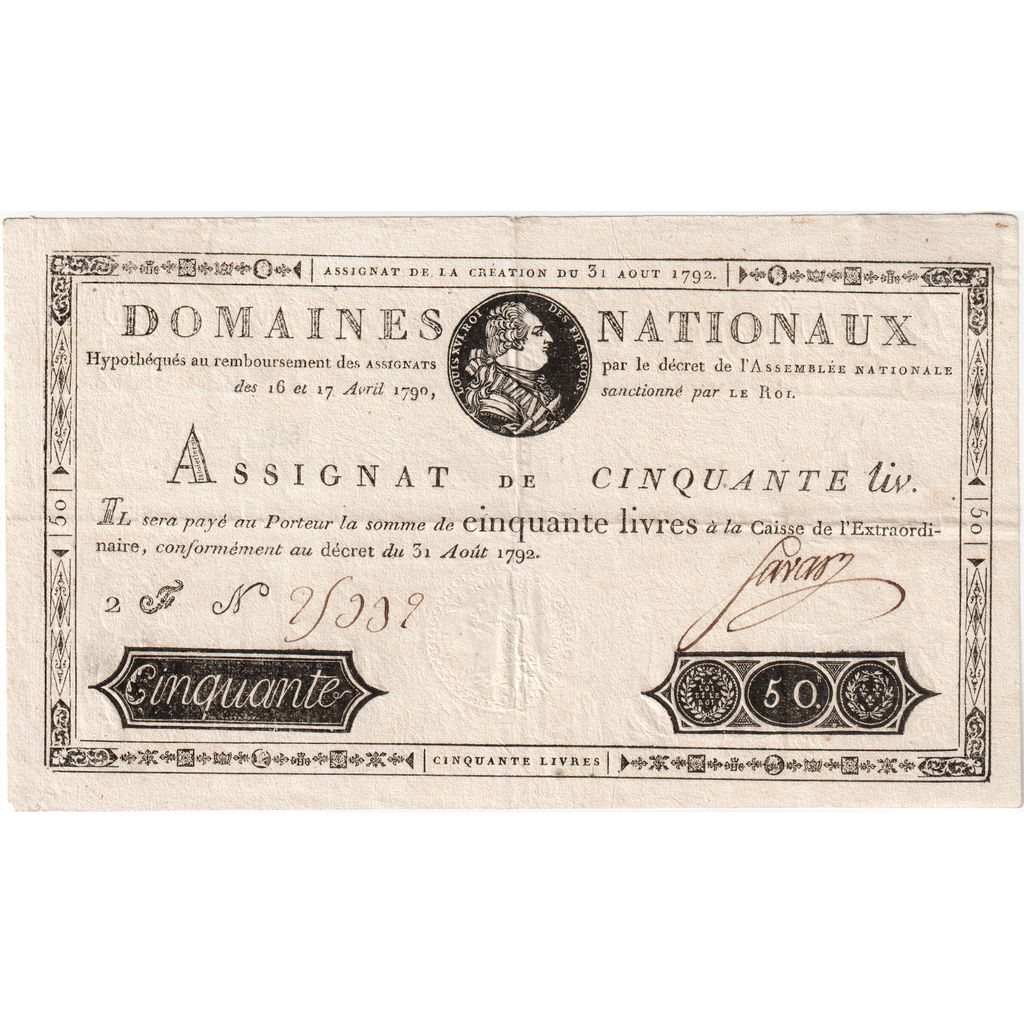 France, 50 Livres, 1792-08-31, 2F, AU(50-53)
