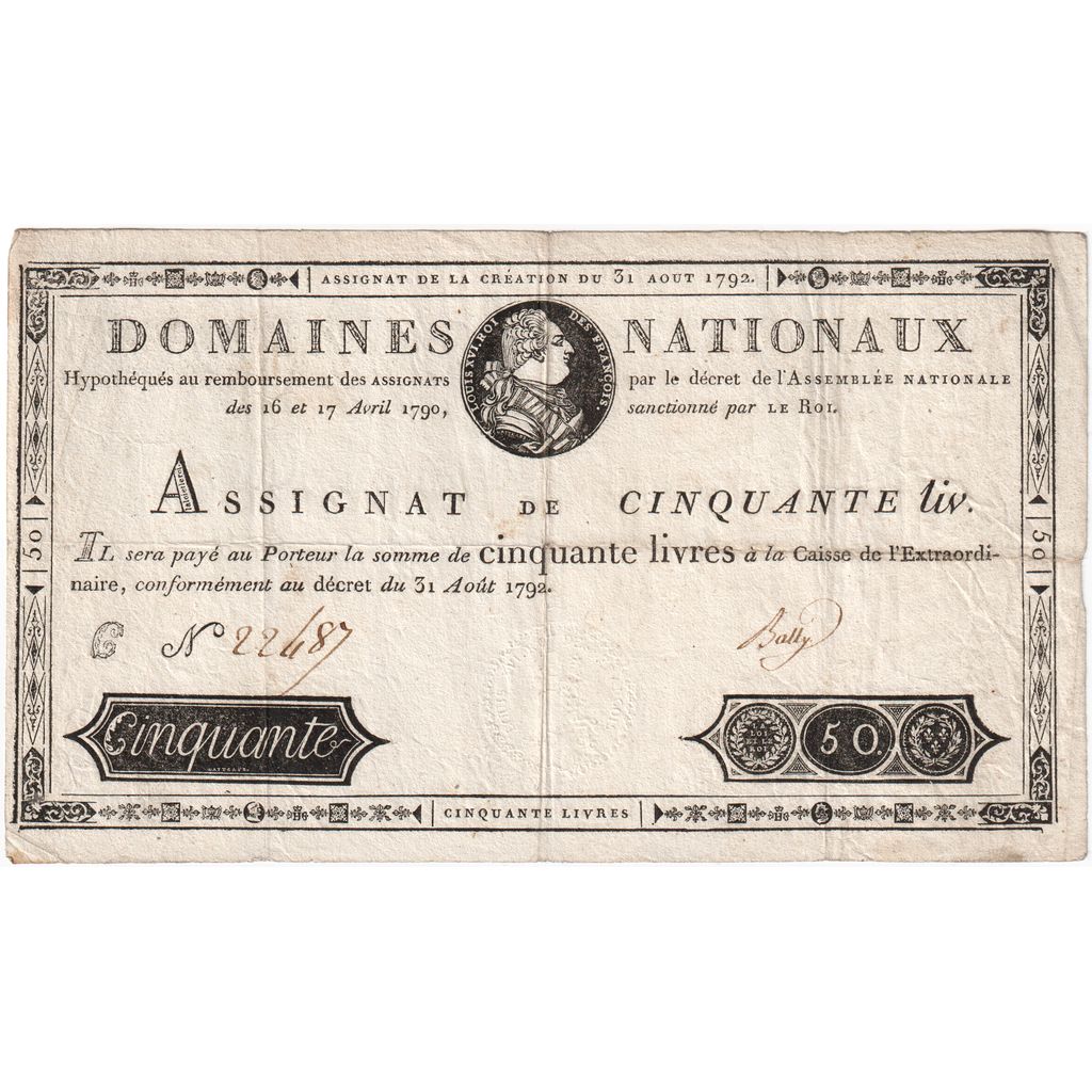 France, 50 Livres, 1792-08-31, C, EF(40-45)