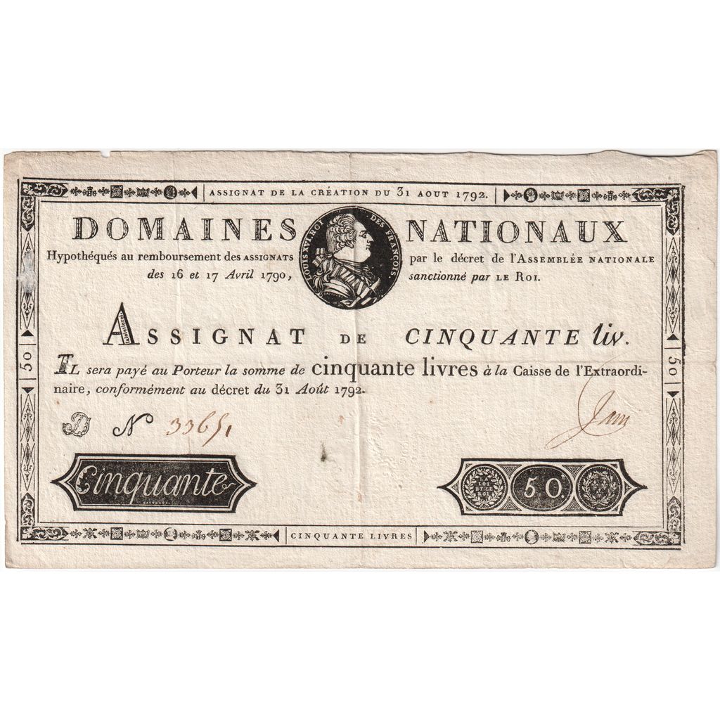 France, 50 Livres, 1792-08-31, D, AU(50-53)