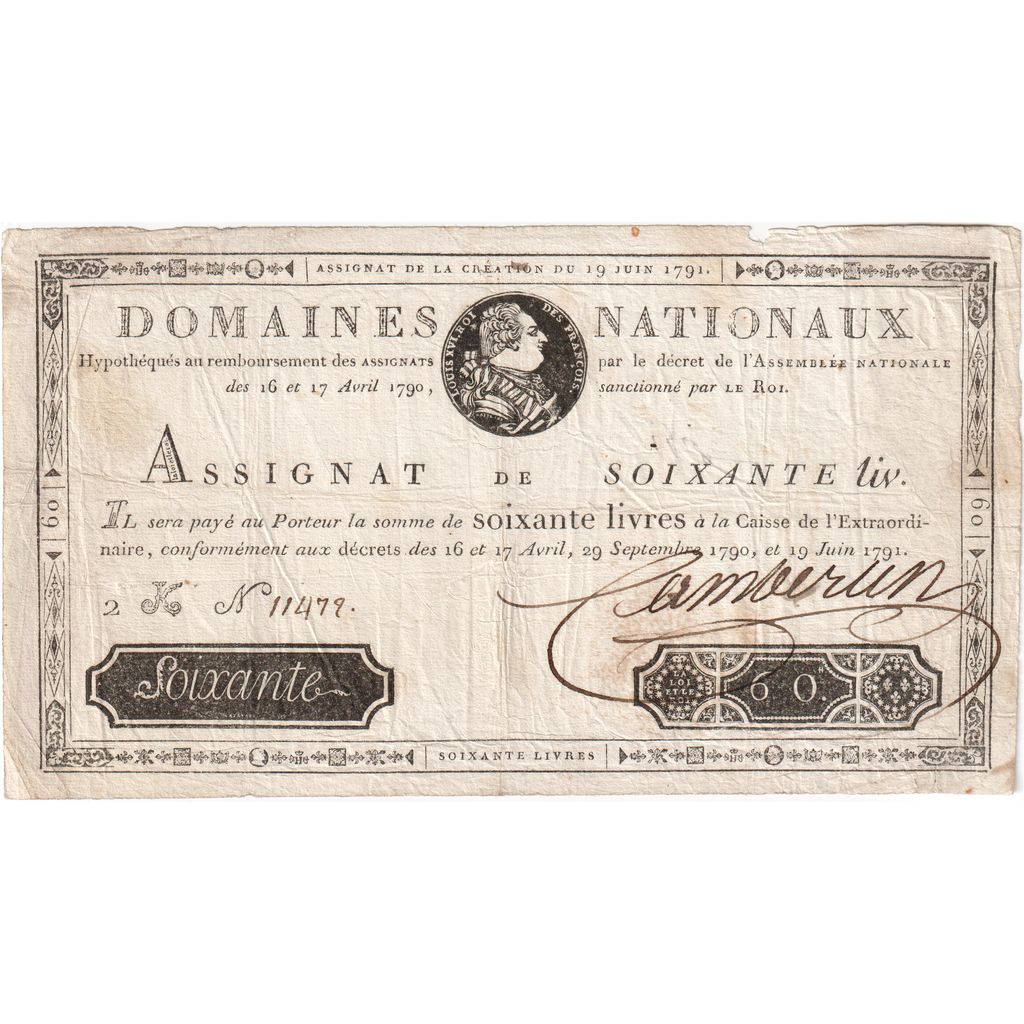France, 60 Livres, 1791-06-19, 2K, VF(20-25)