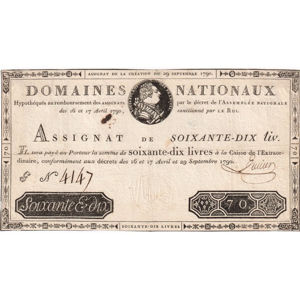 France, 70 Livres, 1790-09-29, G, VF(20-25)