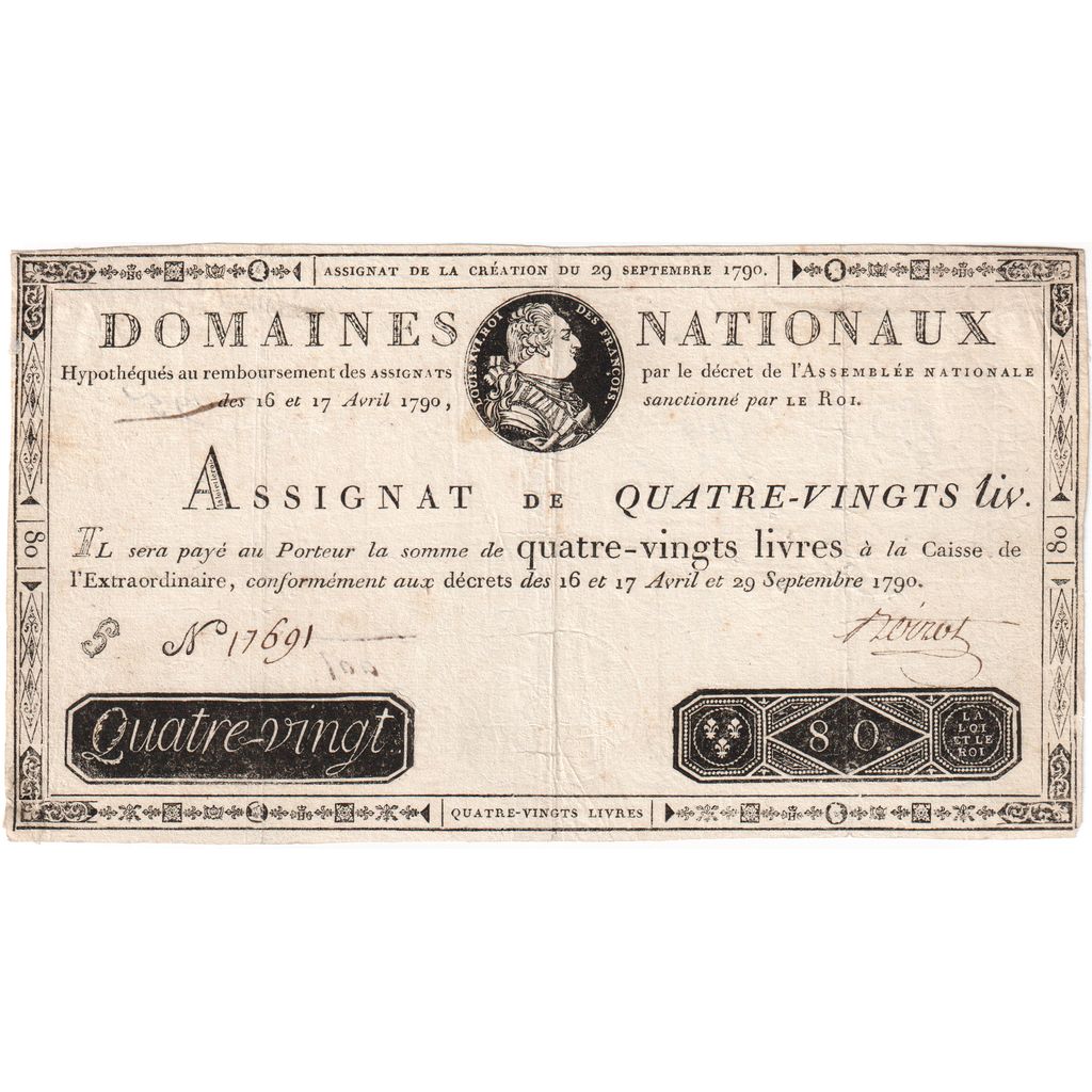 France, 80 Livres, 1790-09-29, G, VF(30-35)