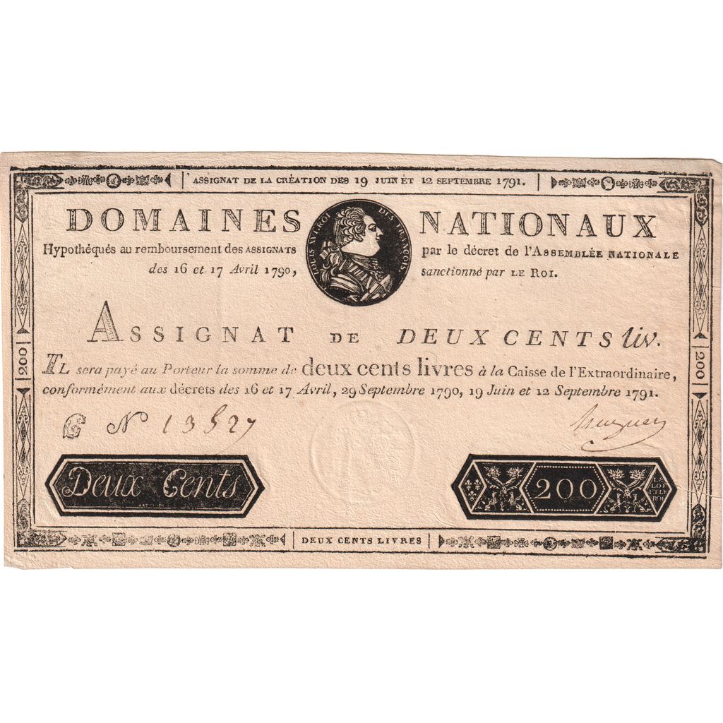 France, 200 Livres, 1791-09-12, C, AU(50-53)