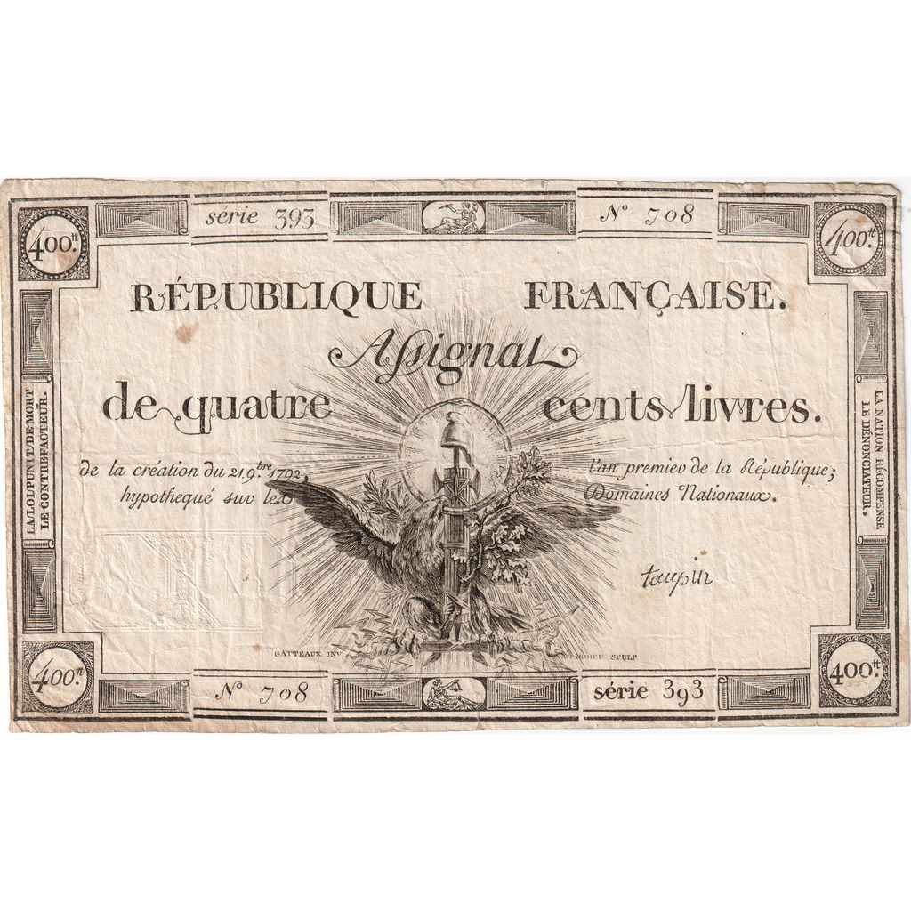 France, 400 Livres, 1792-11-21, 393, VF(20-25)