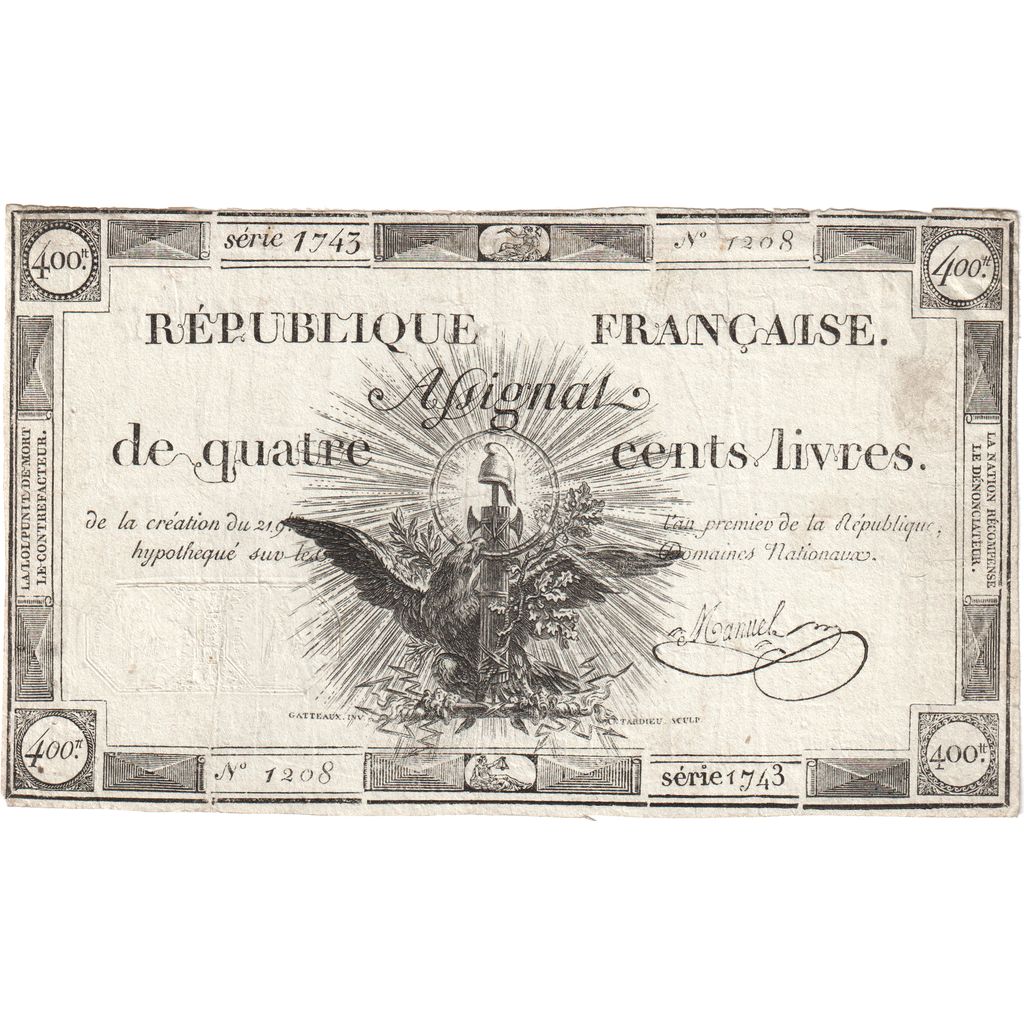 France, 400 Livres, 1792-11-21, 1743, VF(30-35)
