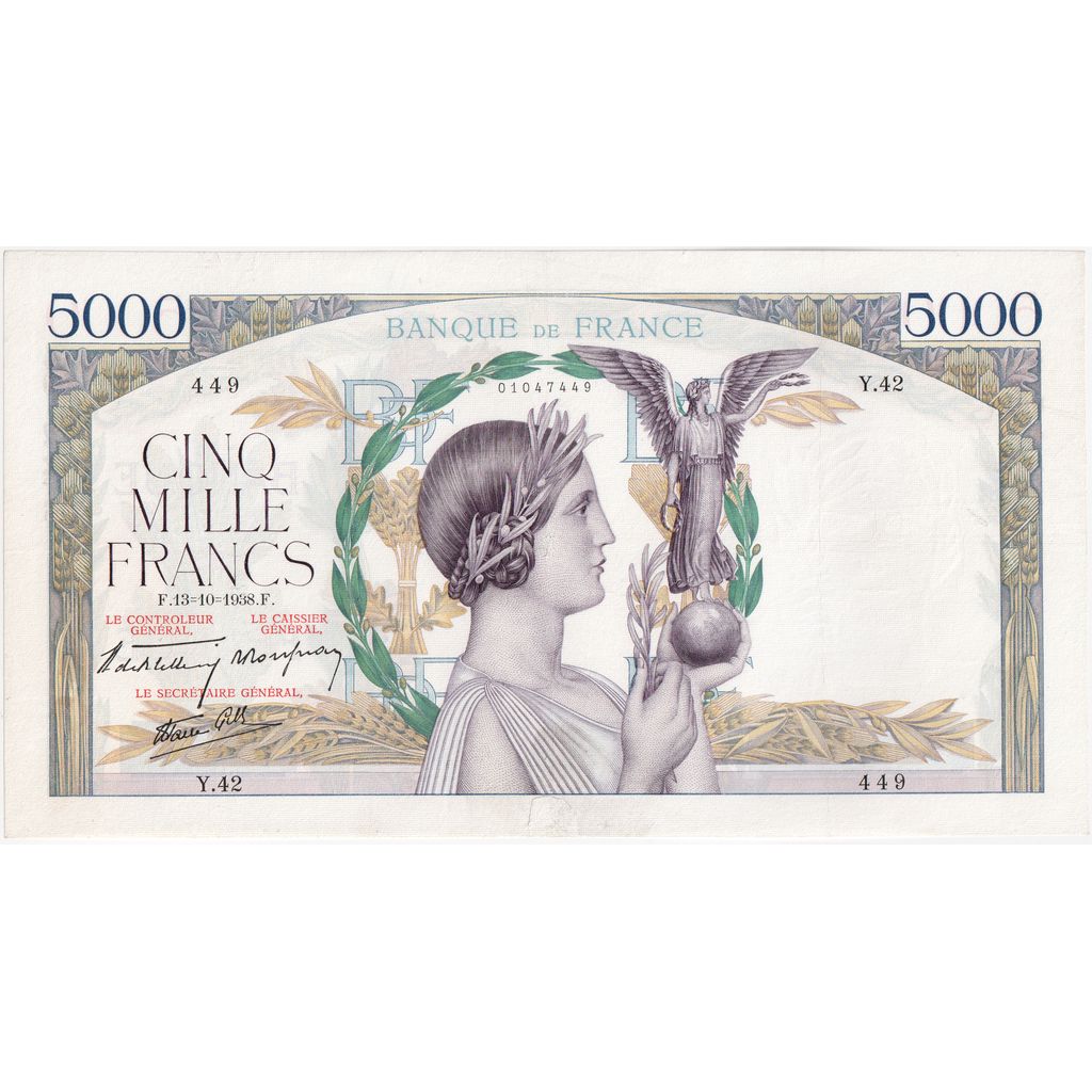 France, 5000 Francs, Victoire, 1938-10-13, Y.42, AU(50-53)