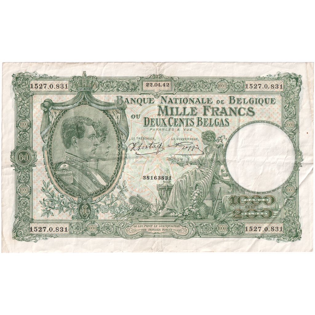 Belgium, 1000 Francs-200 Belgas, 1942-04-22, VF