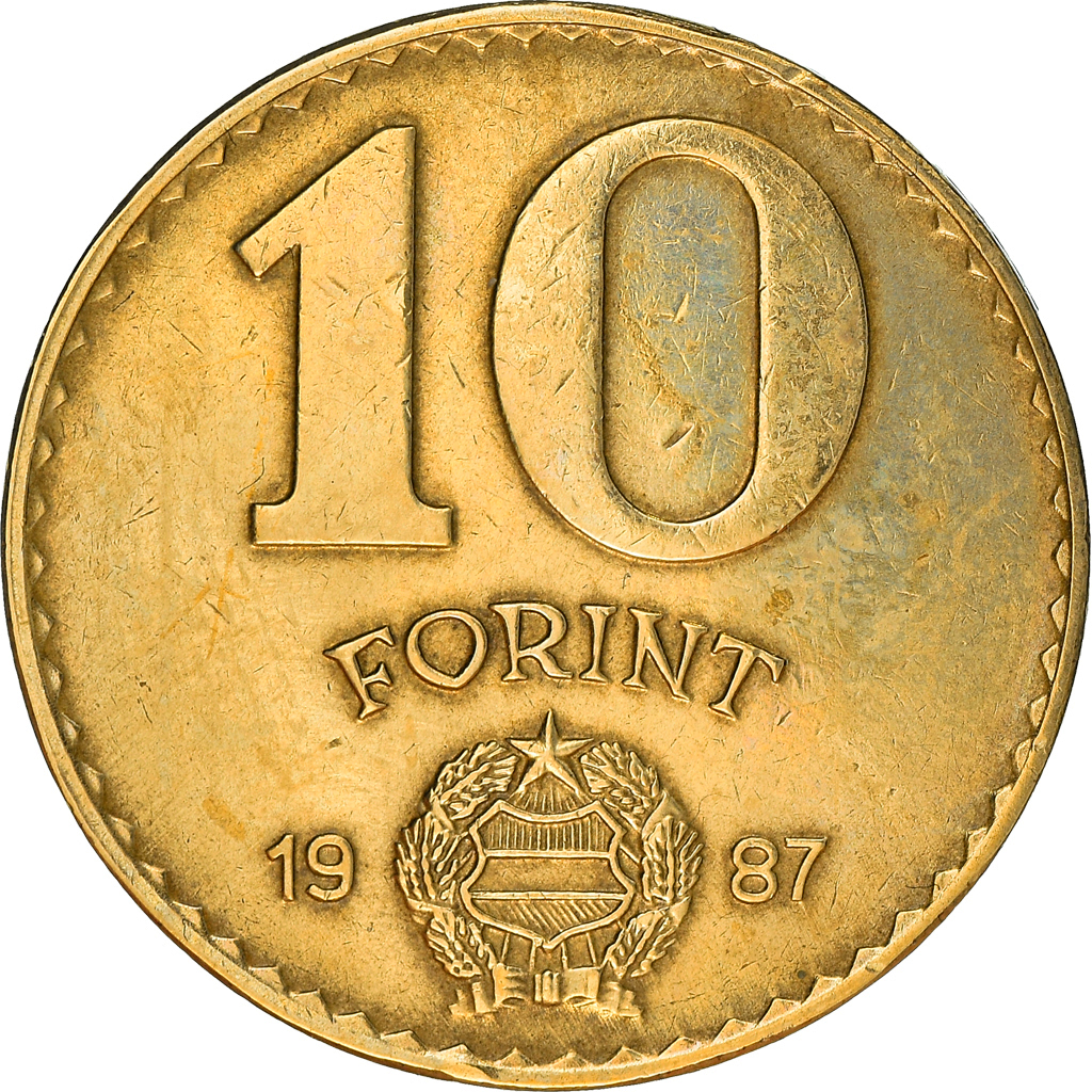 Moneda, Hungría, 10 Forint, 1987, BC+, Aluminio - bronce, KM:636