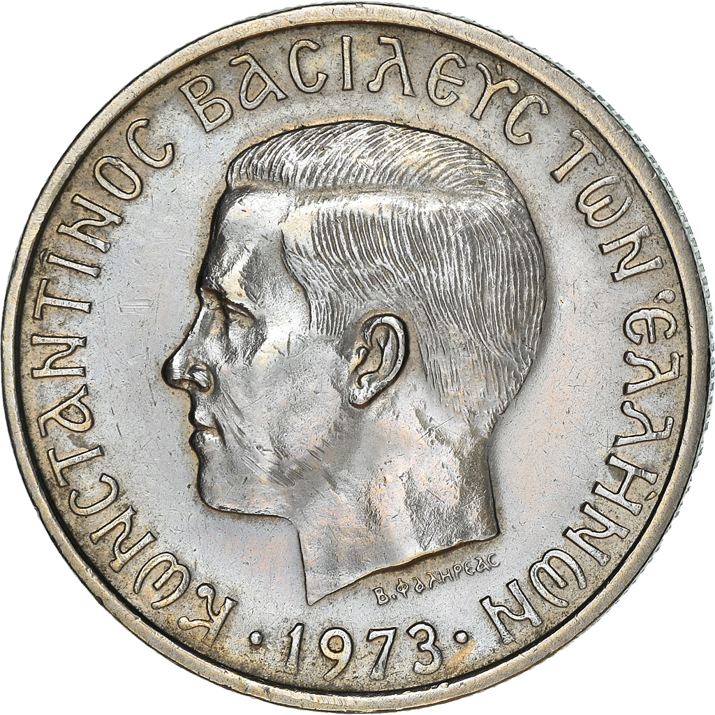 Moneda, Grecia, Constantine II, 5 Drachmai, 1973, MBC+, Cobre - níquel
