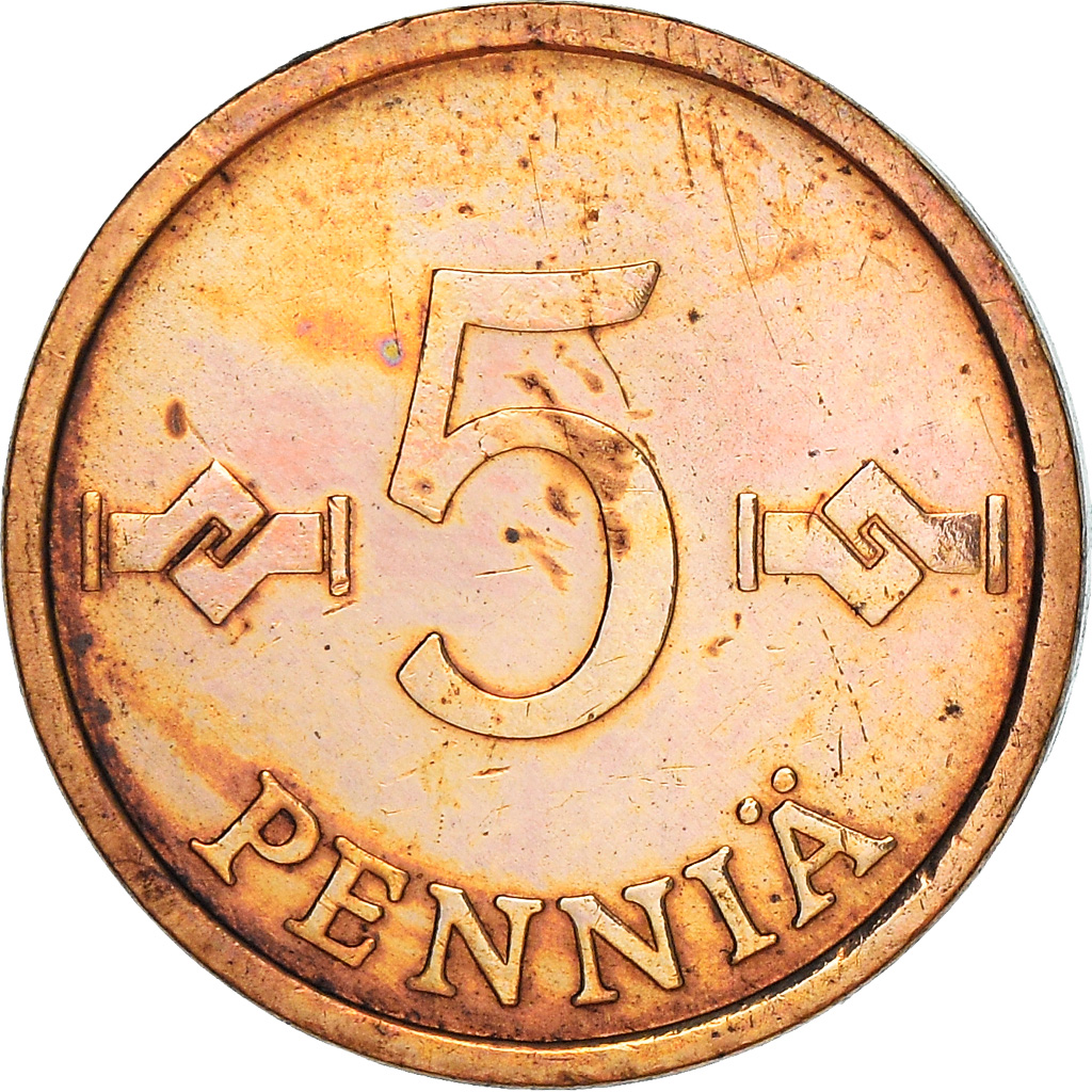 Moneda, Finlandia, 5 Pennia, 1973, BC+, Cobre, KM:45
