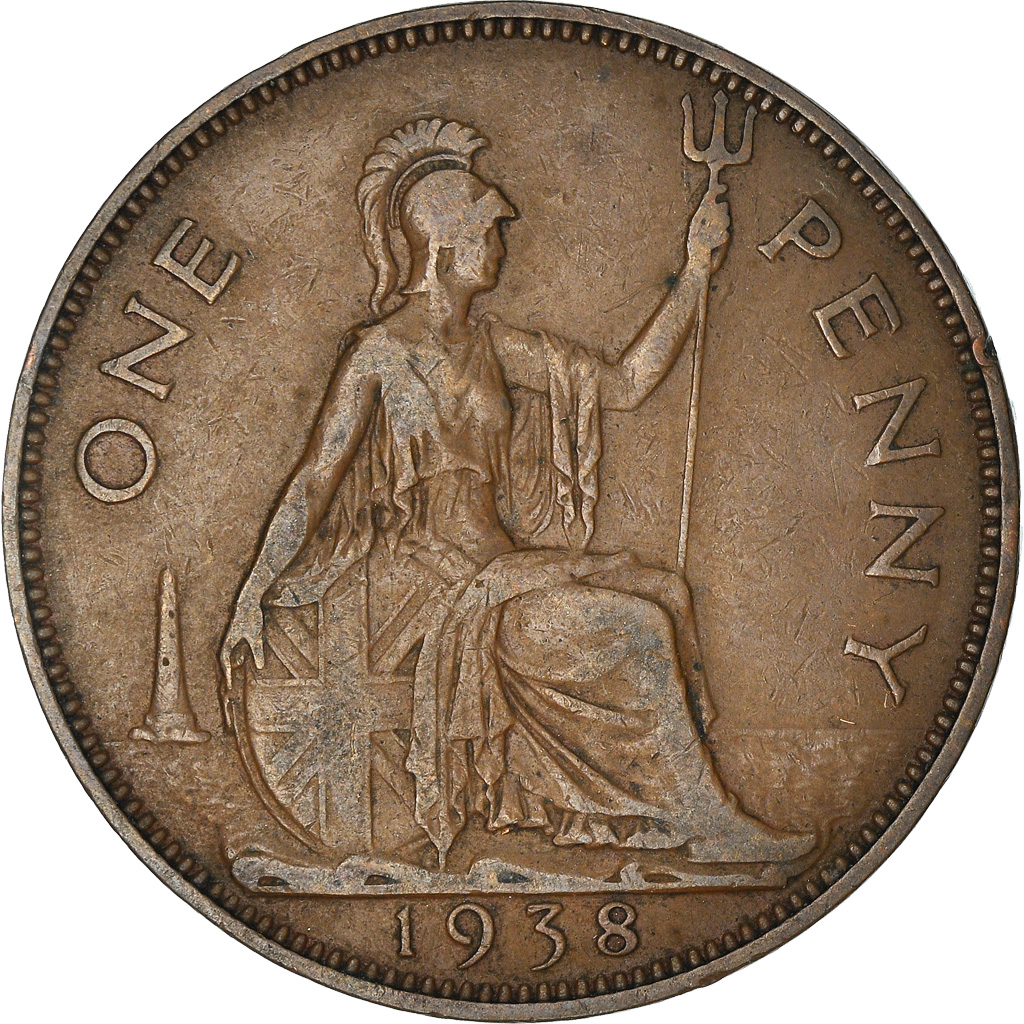 Moneda, Gran Bretaña, George VI, Penny, 1938, BC+, Bronce, KM:845