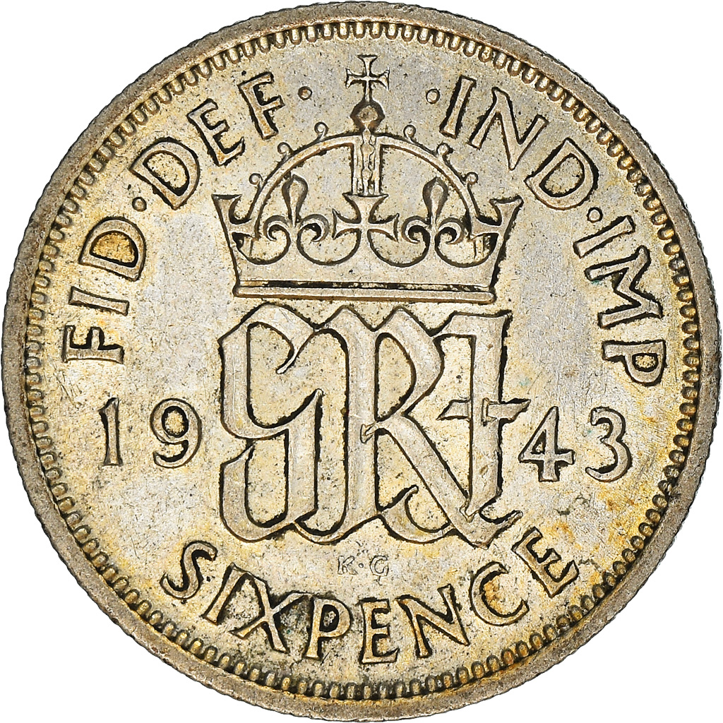 Moneda, Gran Bretaña, George VI, 6 Pence, 1943, MBC+, Plata, KM:852