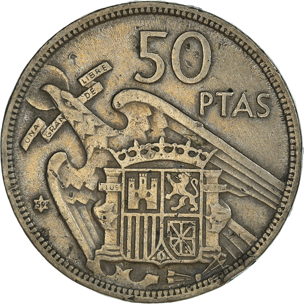 Moneda, España, Caudillo and regent, 50 Pesetas, 1959, BC+, Cobre - níquel