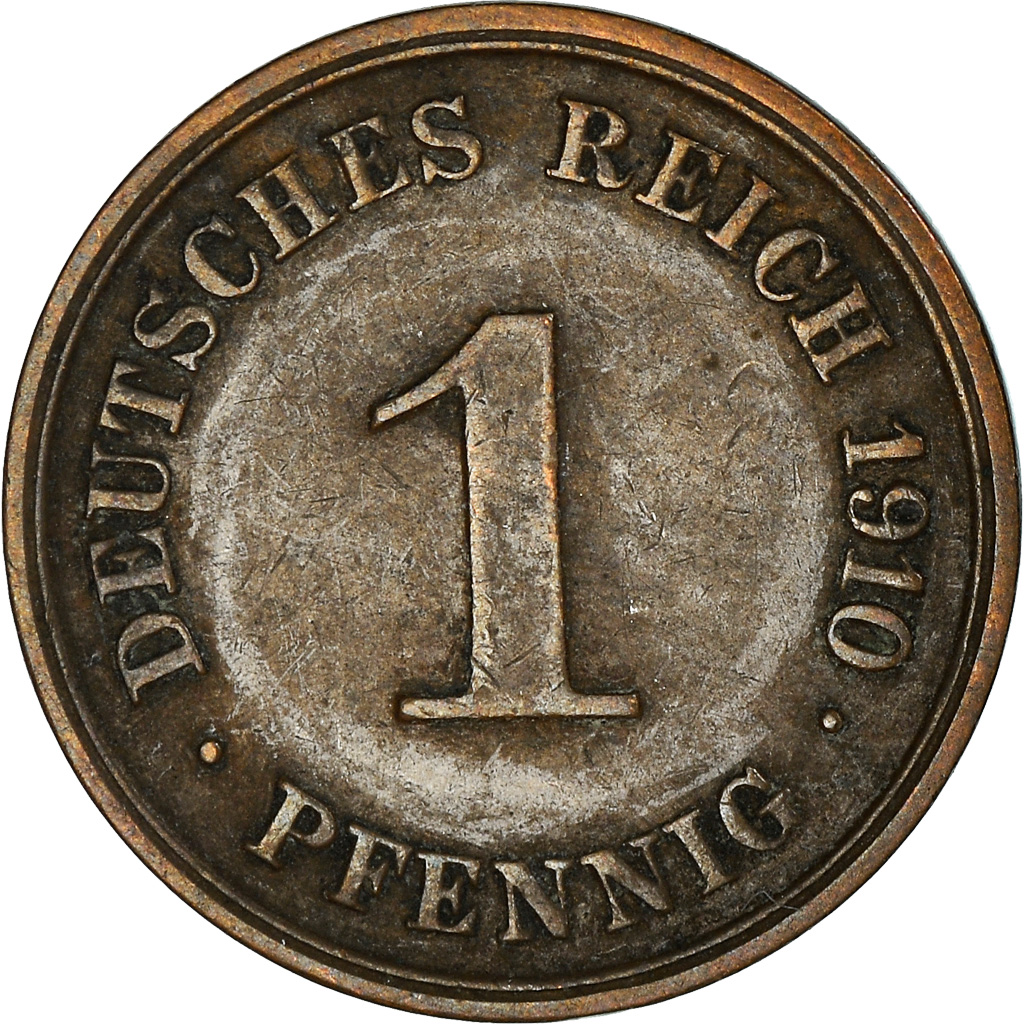 Moneda, ALEMANIA - IMPERIO, Wilhelm II, Pfennig, 1910, Karlsruhe, BC+, Cobre