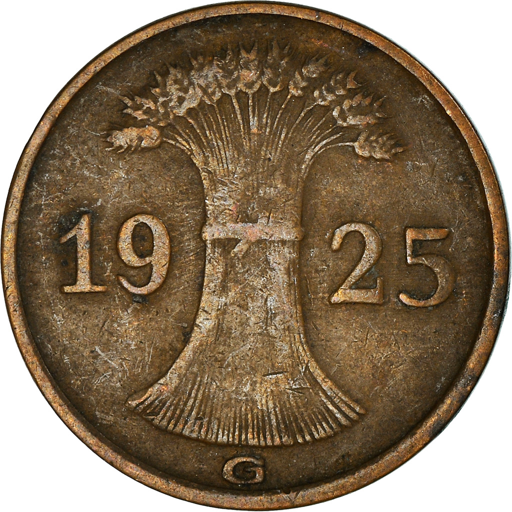 Moneda, ALEMANIA - REPÚBLICA DE WEIMAR, Reichspfennig, 1925, Karlsruhe, BC+